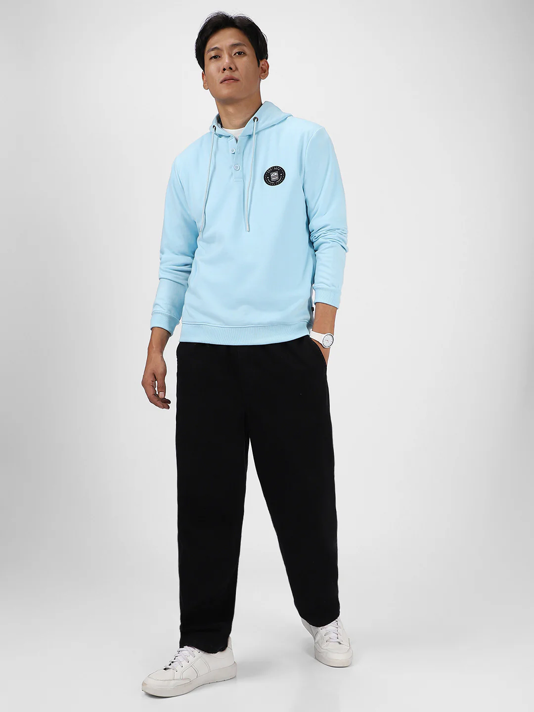Men's Light Blue Cotton Solid Button Hooded Neck Sweatshirt - Image 4