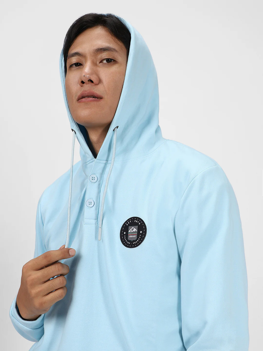 Men's Light Blue Cotton Solid Button Hooded Neck Sweatshirt - Image 5