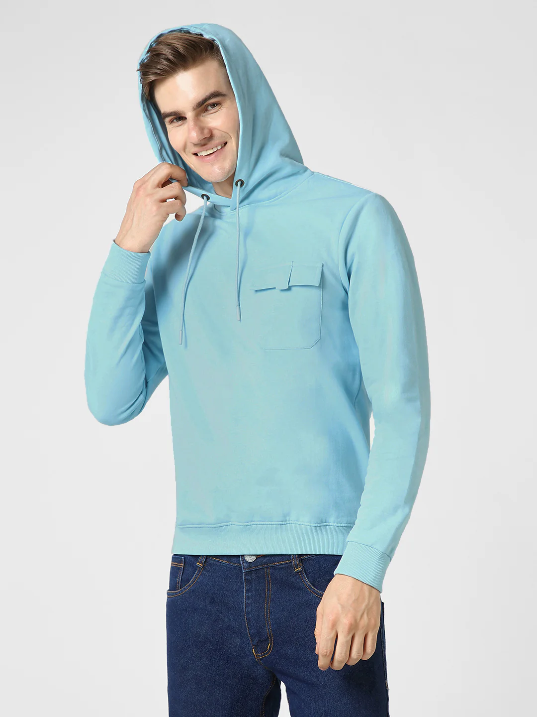 Men's Light Blue Cotton Solid Hooded Neck Sweatshirt - Image 3