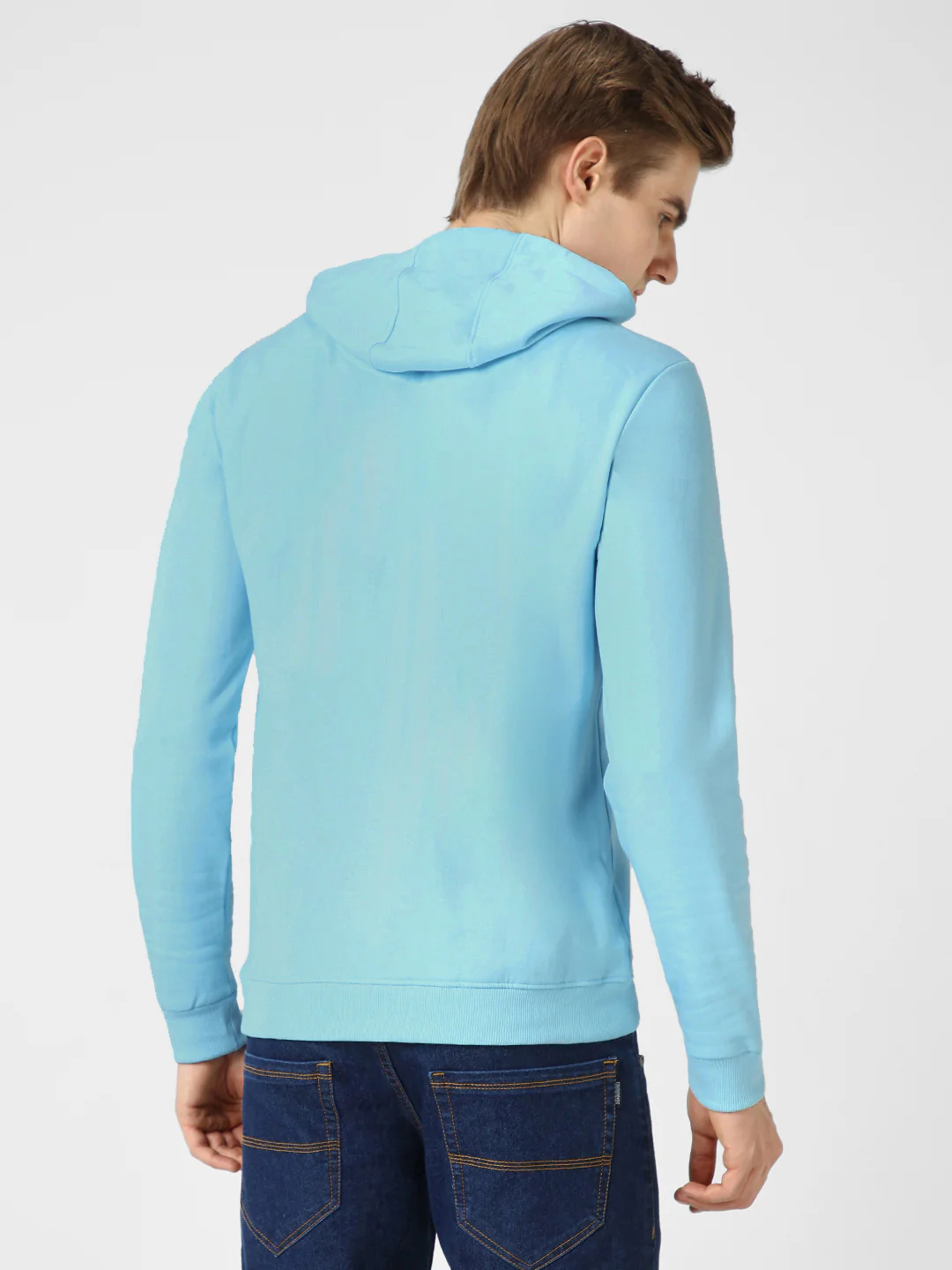 Men's Light Blue Cotton Solid Hooded Neck Sweatshirt - Image 4