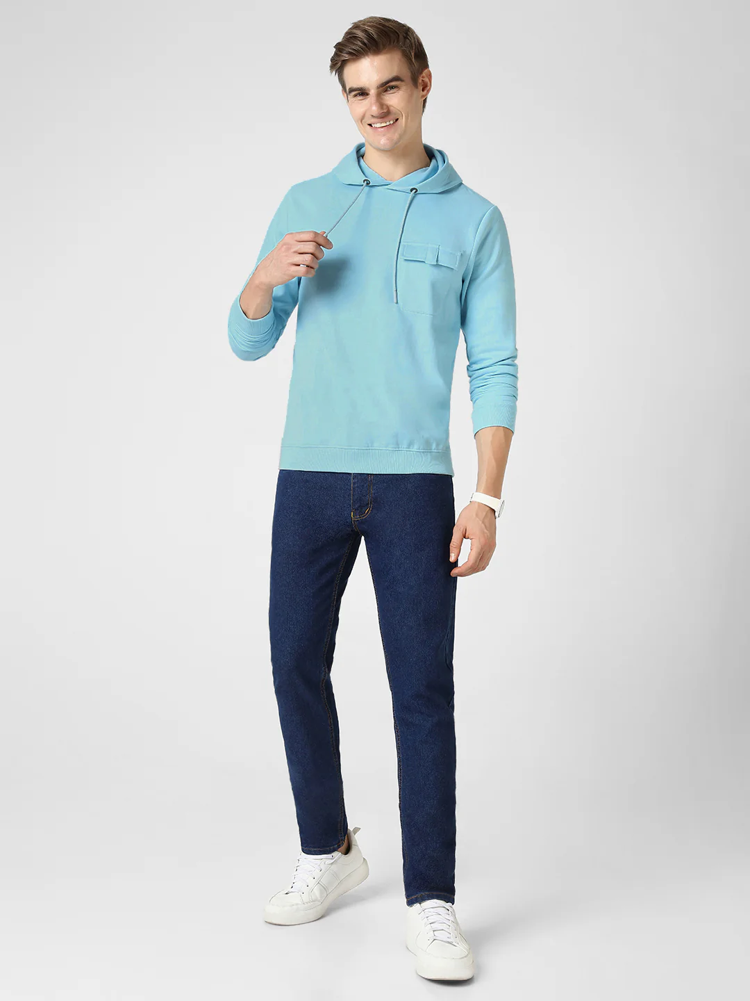 Men's Light Blue Cotton Solid Hooded Neck Sweatshirt - Image 5