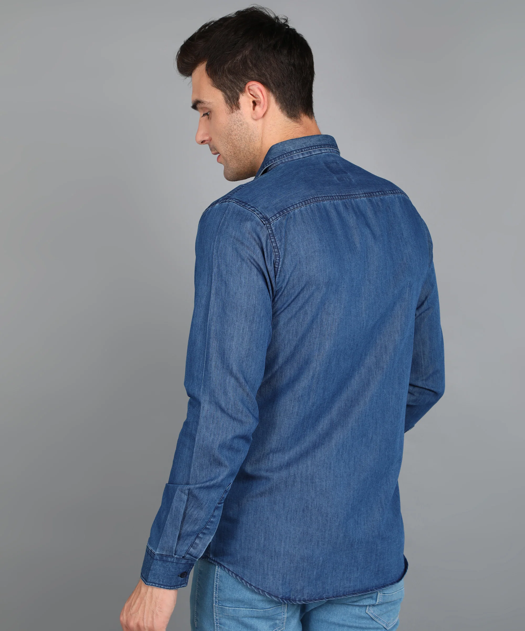 Men's Light Blue Denim Full Sleeve Slim Fit Washed Casual Shirt - Image 3