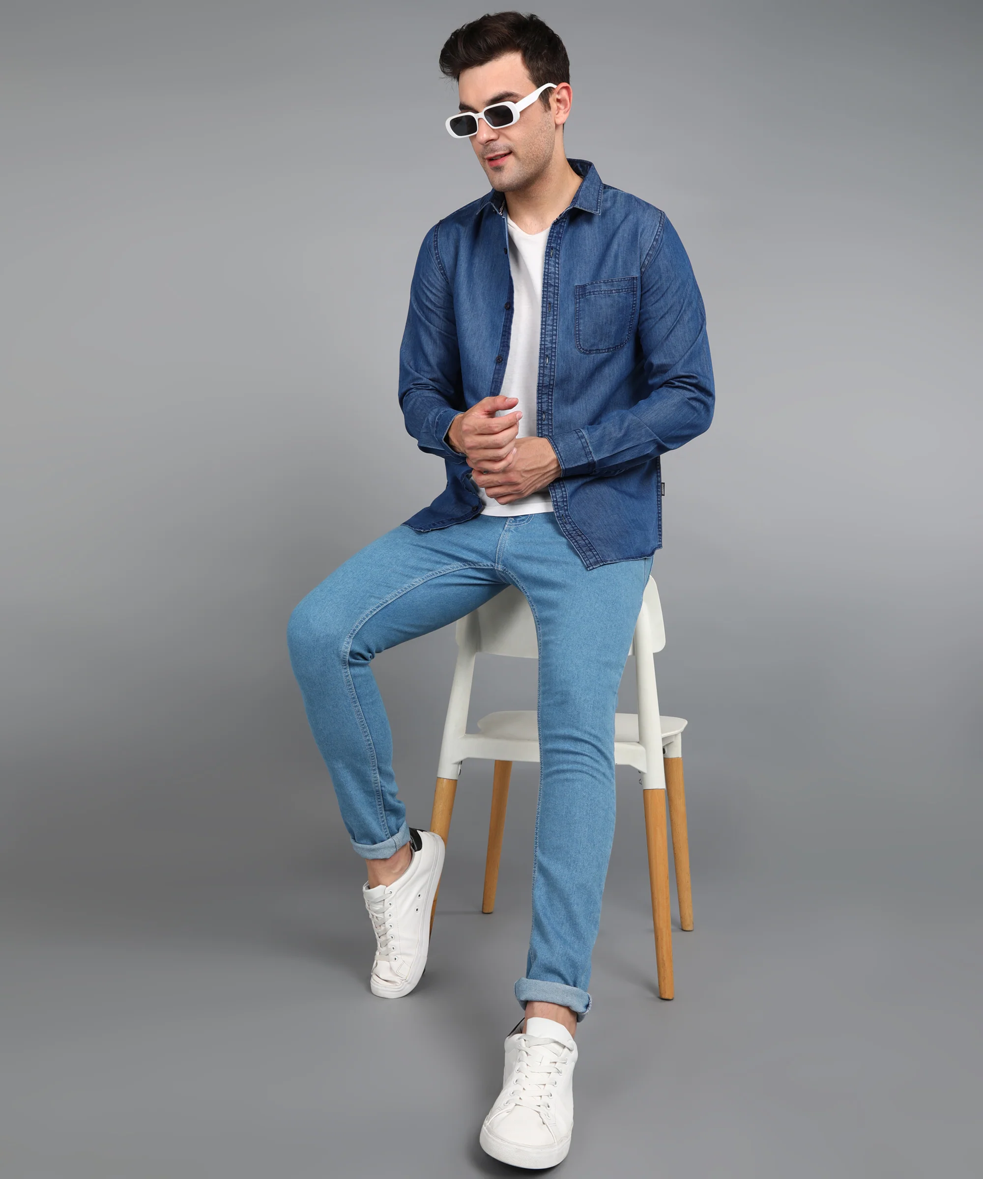 Men's Light Blue Denim Full Sleeve Slim Fit Washed Casual Shirt - Image 4