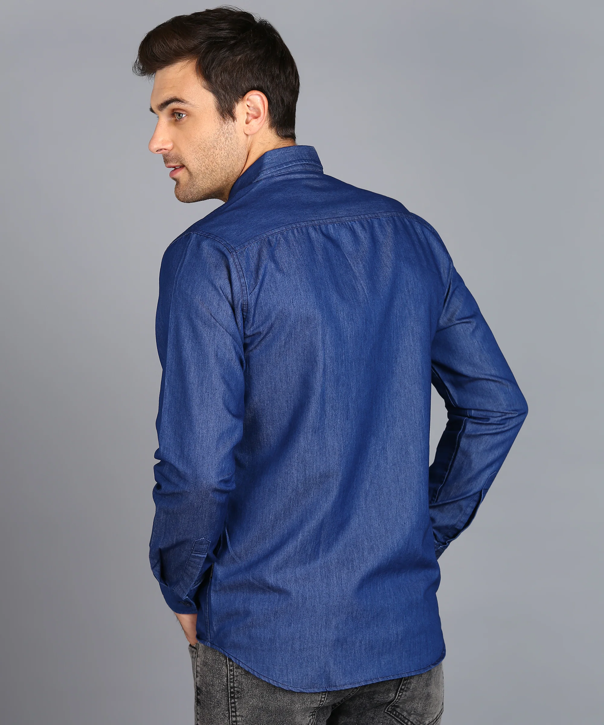 Men's Light Blue Denim Full Sleeve Slim Fit Washed Casual Shirt - Image 3