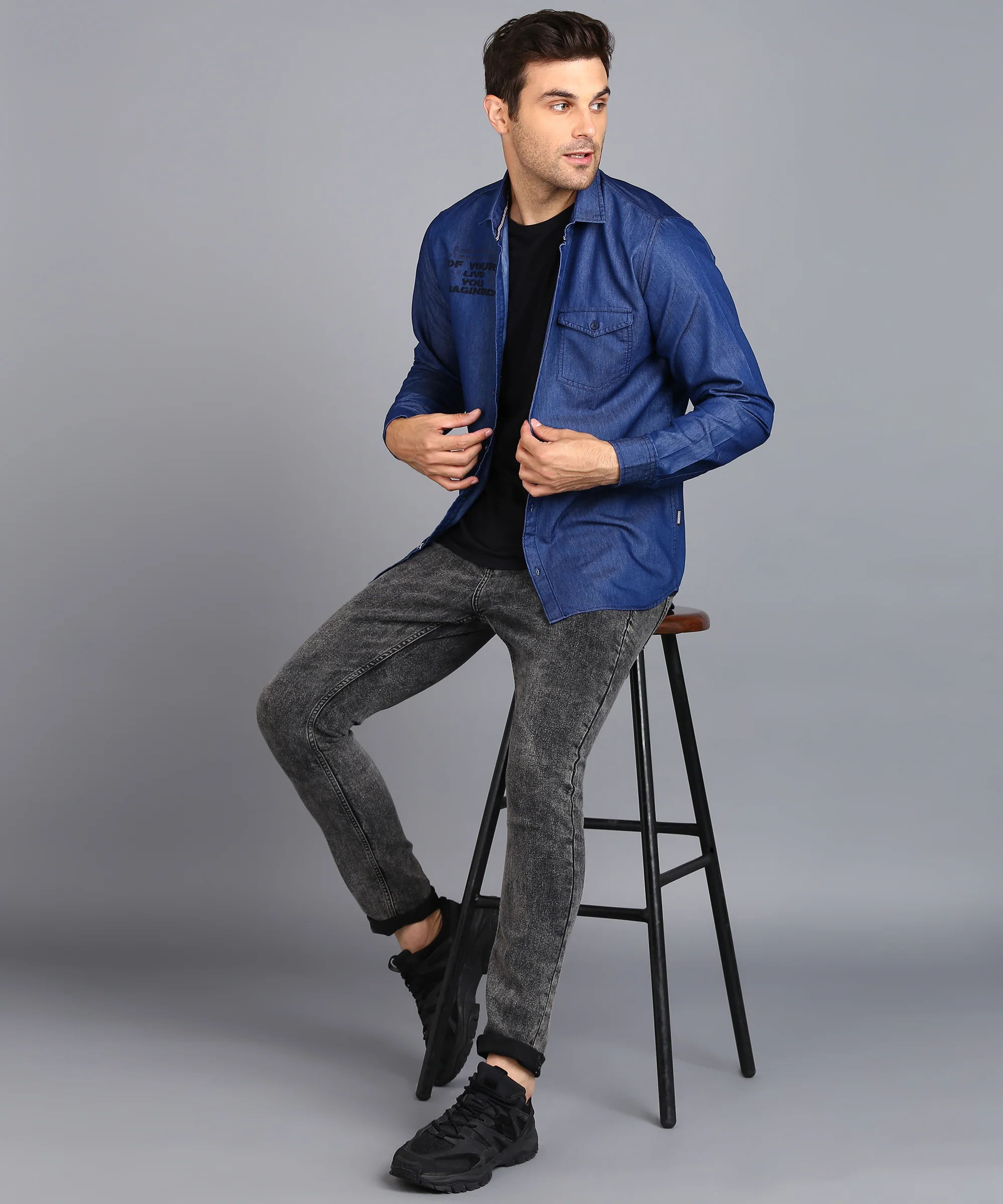 Men's Light Blue Denim Full Sleeve Slim Fit Washed Casual Shirt - Image 4