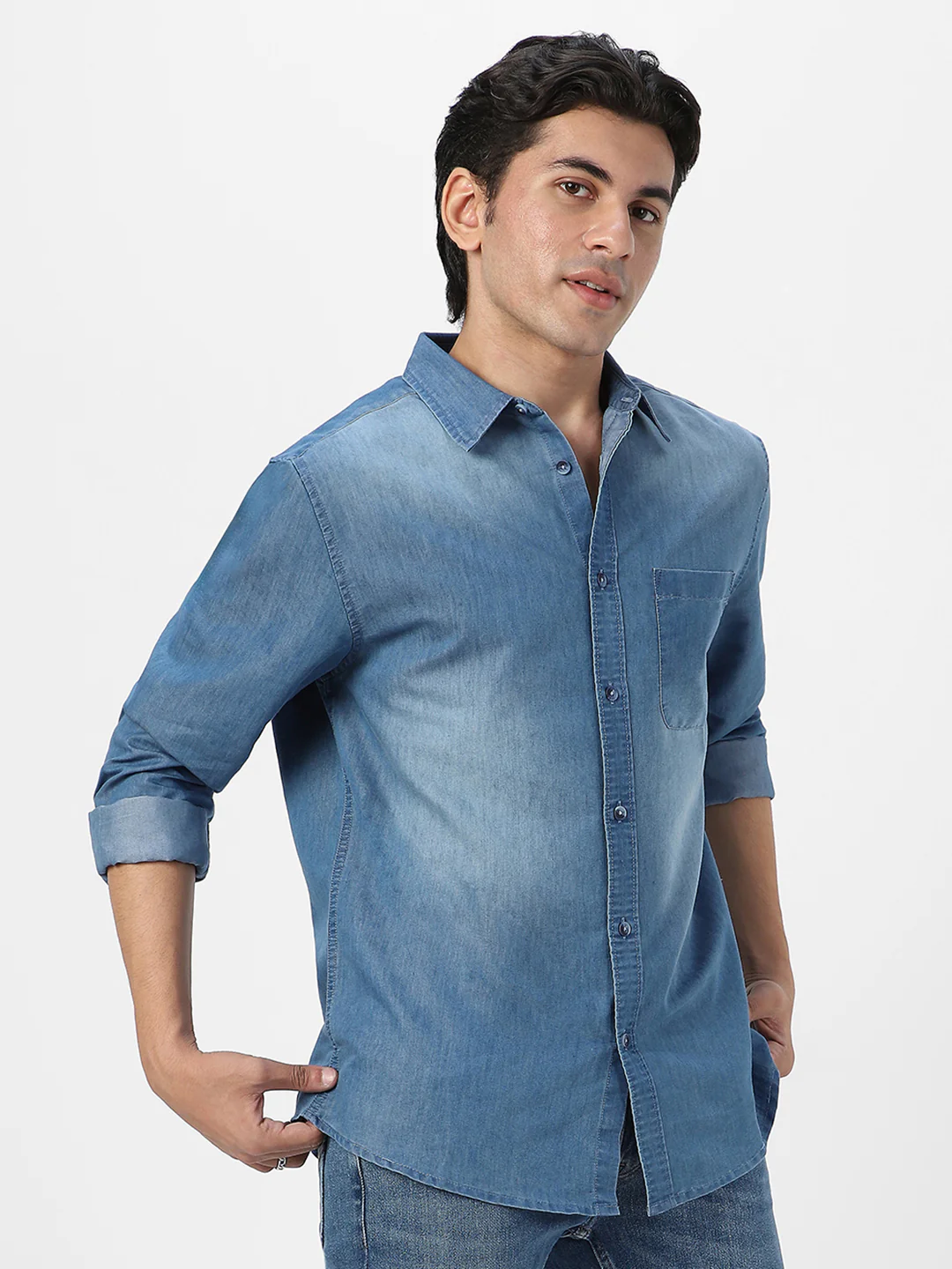 Men's Light Blue Full Sleeve Regular Fit Casual Denim Shirt - Image 3