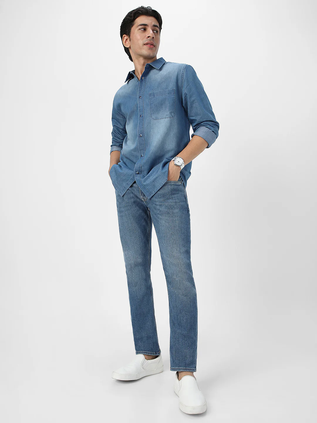 Men's Light Blue Full Sleeve Regular Fit Casual Denim Shirt - Image 5
