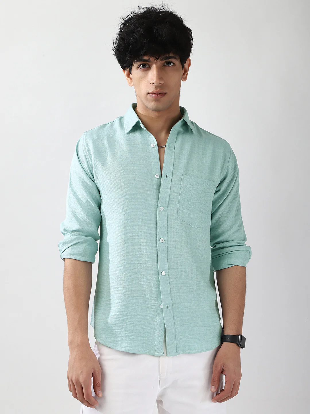 Men's Light Blue Linen Blend Full Sleeve Relaxed Fit Casual Solid Shirt - Image 2