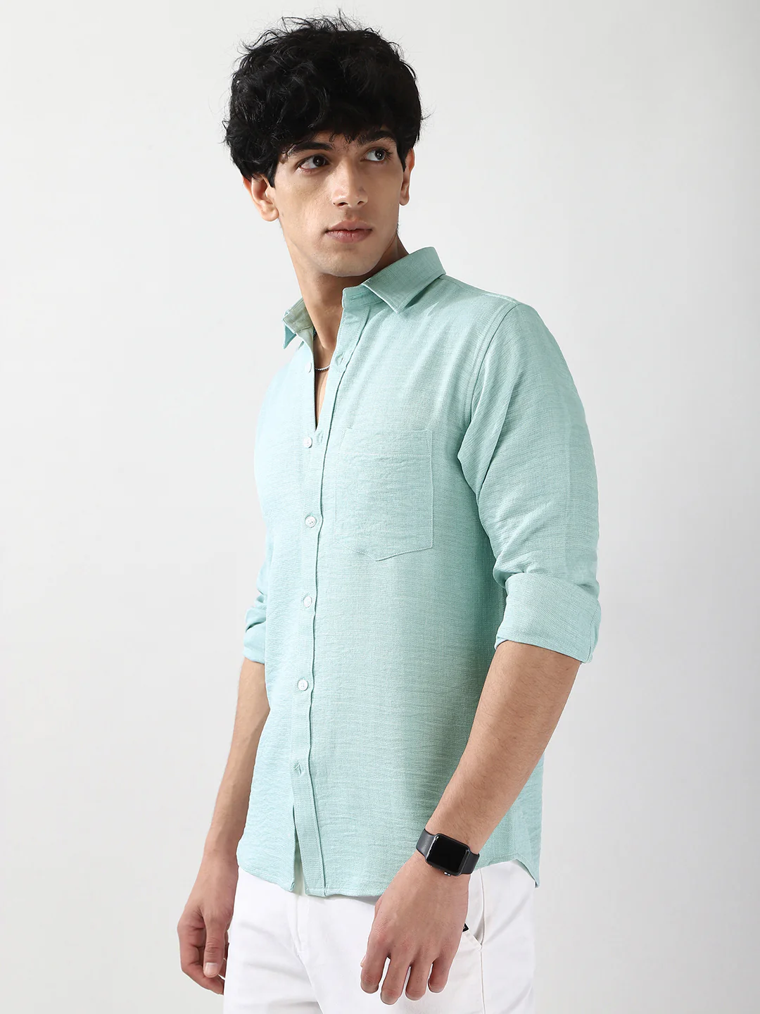 Men's Light Blue Linen Blend Full Sleeve Relaxed Fit Casual Solid Shirt - Image 3
