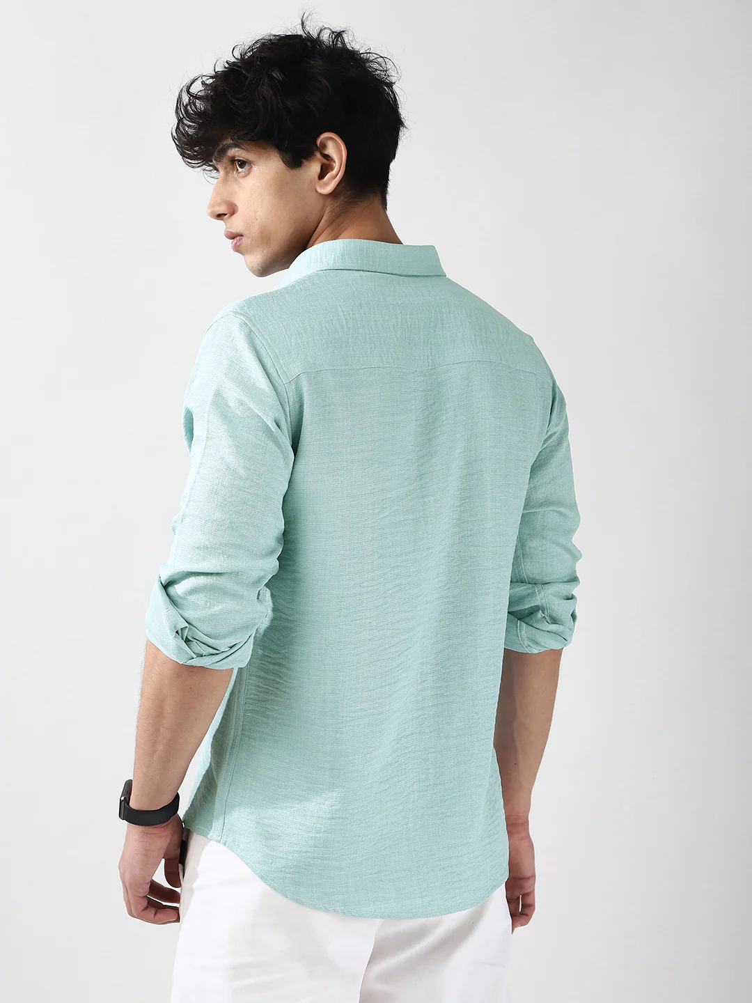 Men's Light Blue Linen Blend Full Sleeve Relaxed Fit Casual Solid Shirt - Image 4