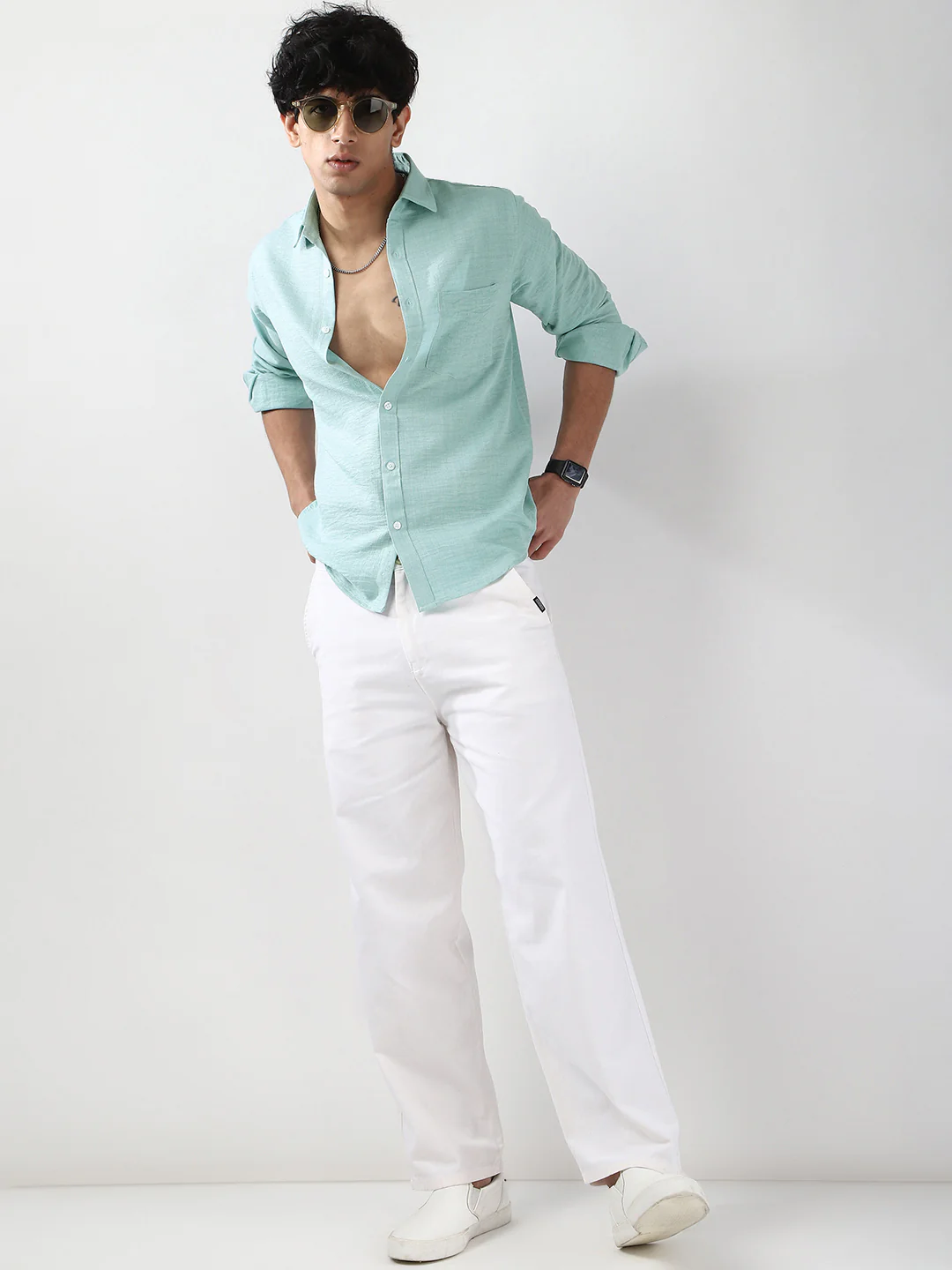 Men's Light Blue Linen Blend Full Sleeve Relaxed Fit Casual Solid Shirt - Image 5
