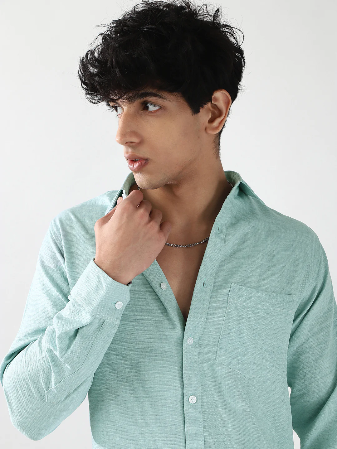 Men's Light Blue Linen Blend Full Sleeve Relaxed Fit Casual Solid Shirt - Image 6