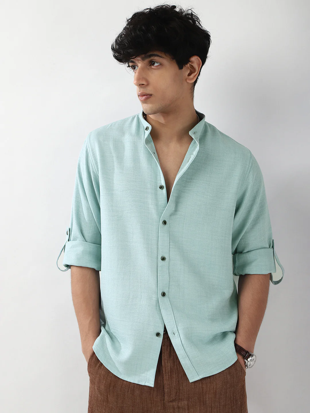 Men's Light Blue Linen Blend Full Sleeve Relaxed Fit Mandarin Collar Casual Solid Shirt