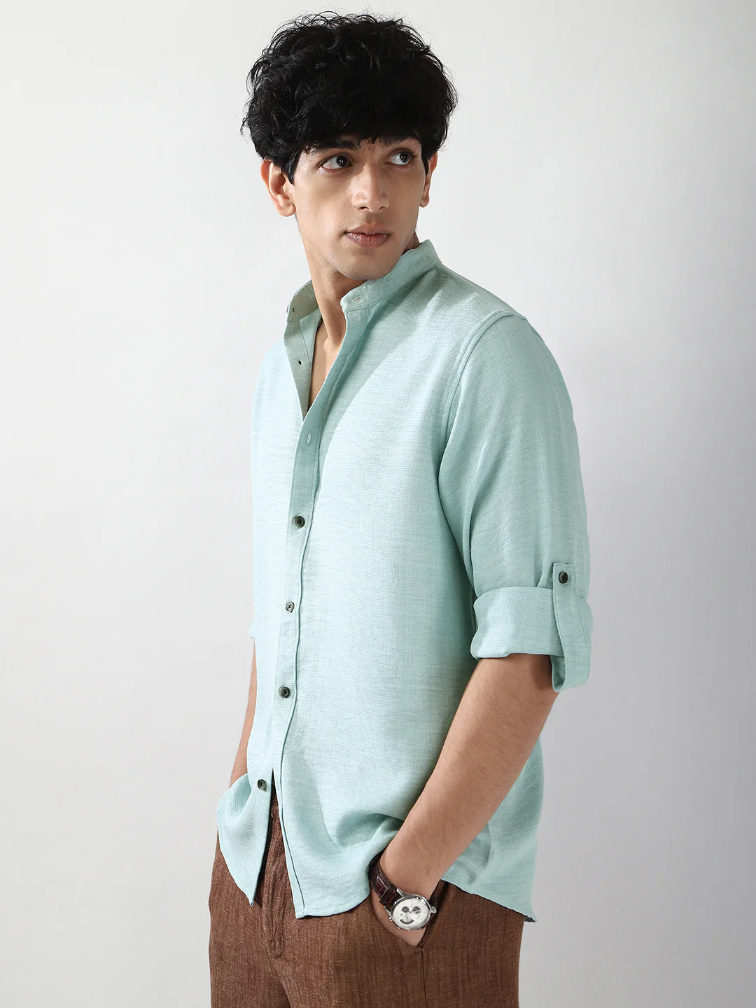 Men's Light Blue Linen Blend Full Sleeve Relaxed Fit Mandarin Collar Casual Solid Shirt - Image 2