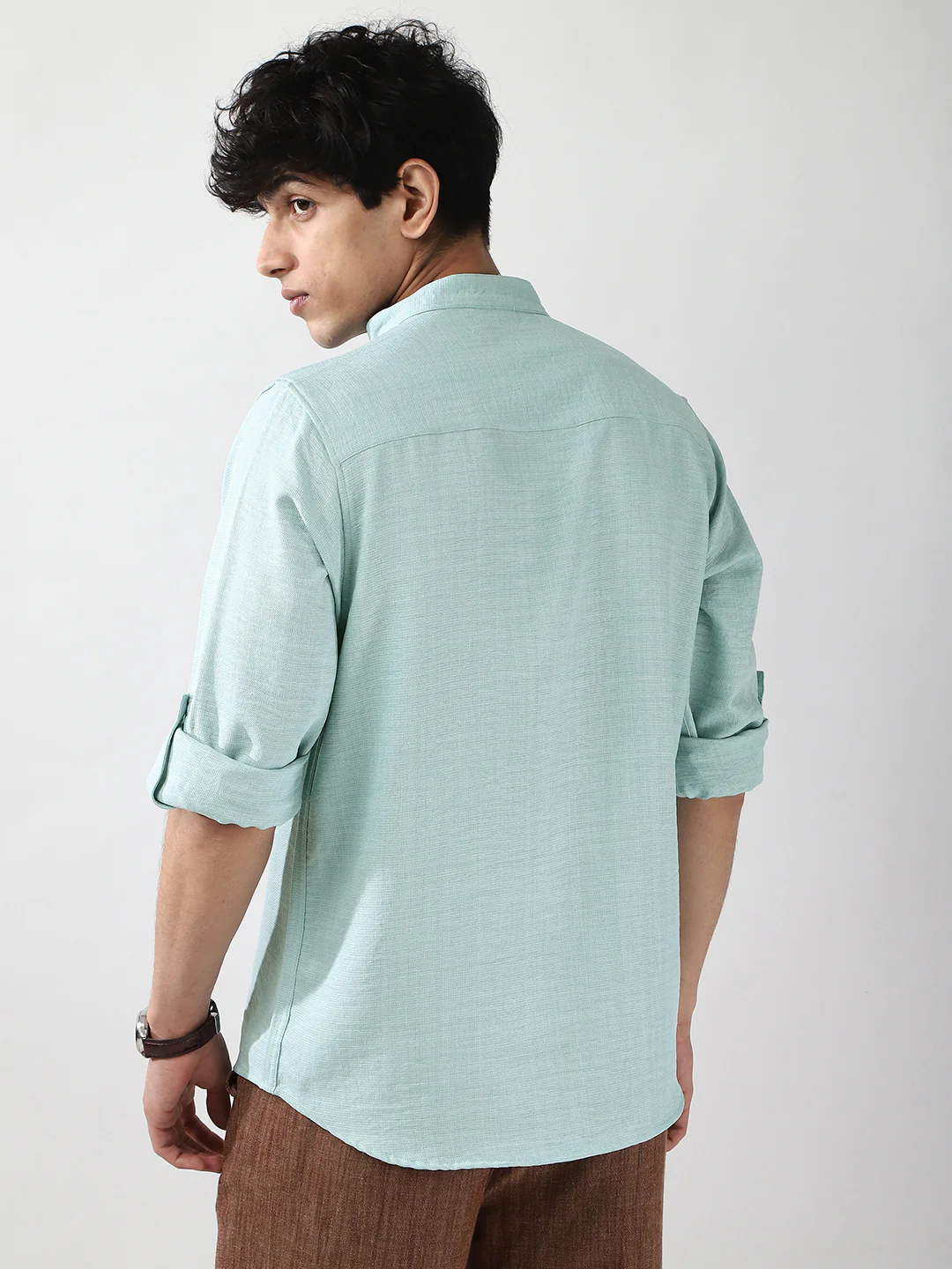 Men's Light Blue Linen Blend Full Sleeve Relaxed Fit Mandarin Collar Casual Solid Shirt - Image 3