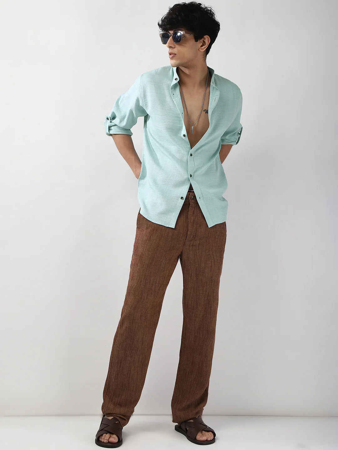 Men's Light Blue Linen Blend Full Sleeve Relaxed Fit Mandarin Collar Casual Solid Shirt - Image 4