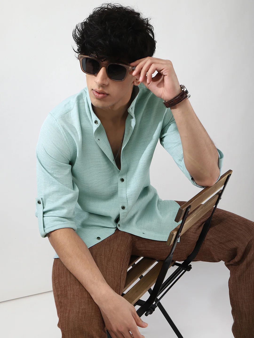 Men's Light Blue Linen Blend Full Sleeve Relaxed Fit Mandarin Collar Casual Solid Shirt - Image 5