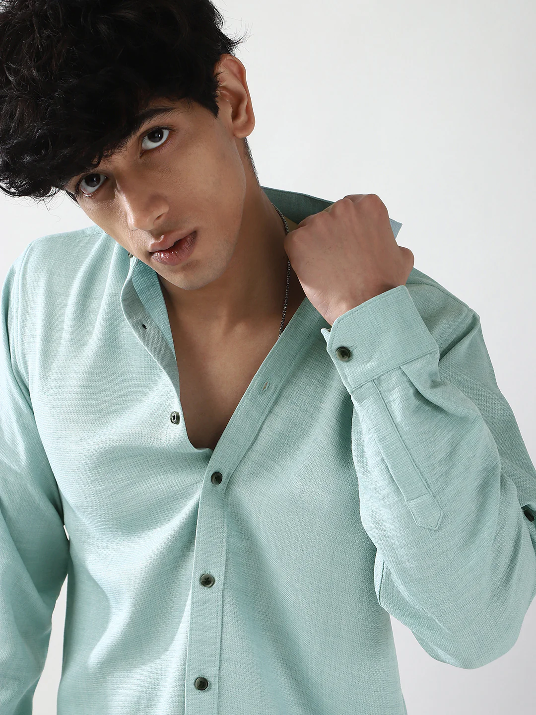 Men's Light Blue Linen Blend Full Sleeve Relaxed Fit Mandarin Collar Casual Solid Shirt - Image 6