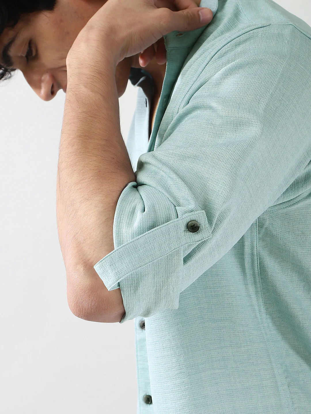 Men's Light Blue Linen Blend Full Sleeve Relaxed Fit Mandarin Collar Casual Solid Shirt - Image 7