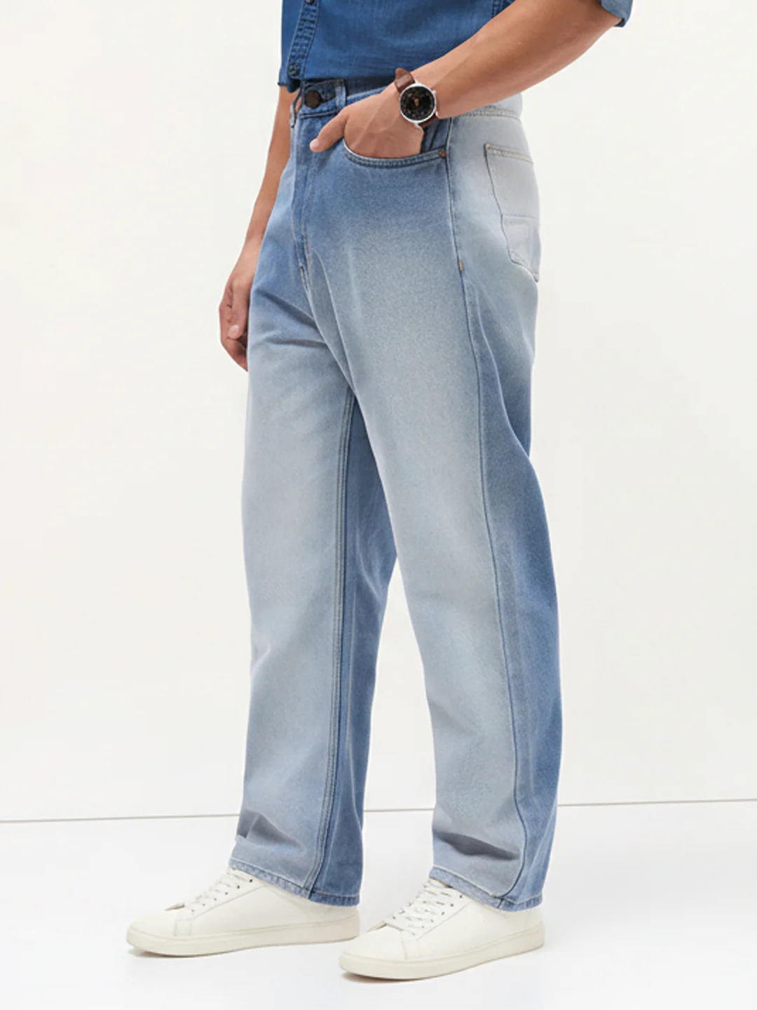 Men's Light Blue Loose Baggy Fit Heavy Washed Faded Denim Jeans Non-Stretchable - Image 2