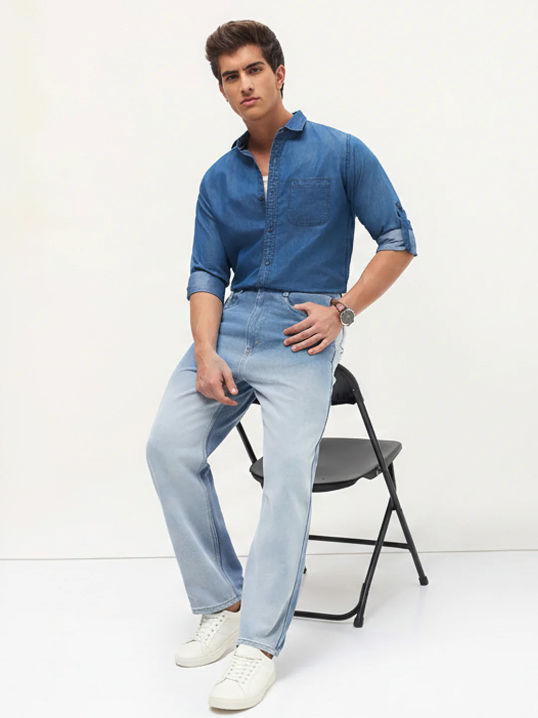Men's Light Blue Loose Baggy Fit Heavy Washed Faded Denim Jeans Non-Stretchable - Image 3
