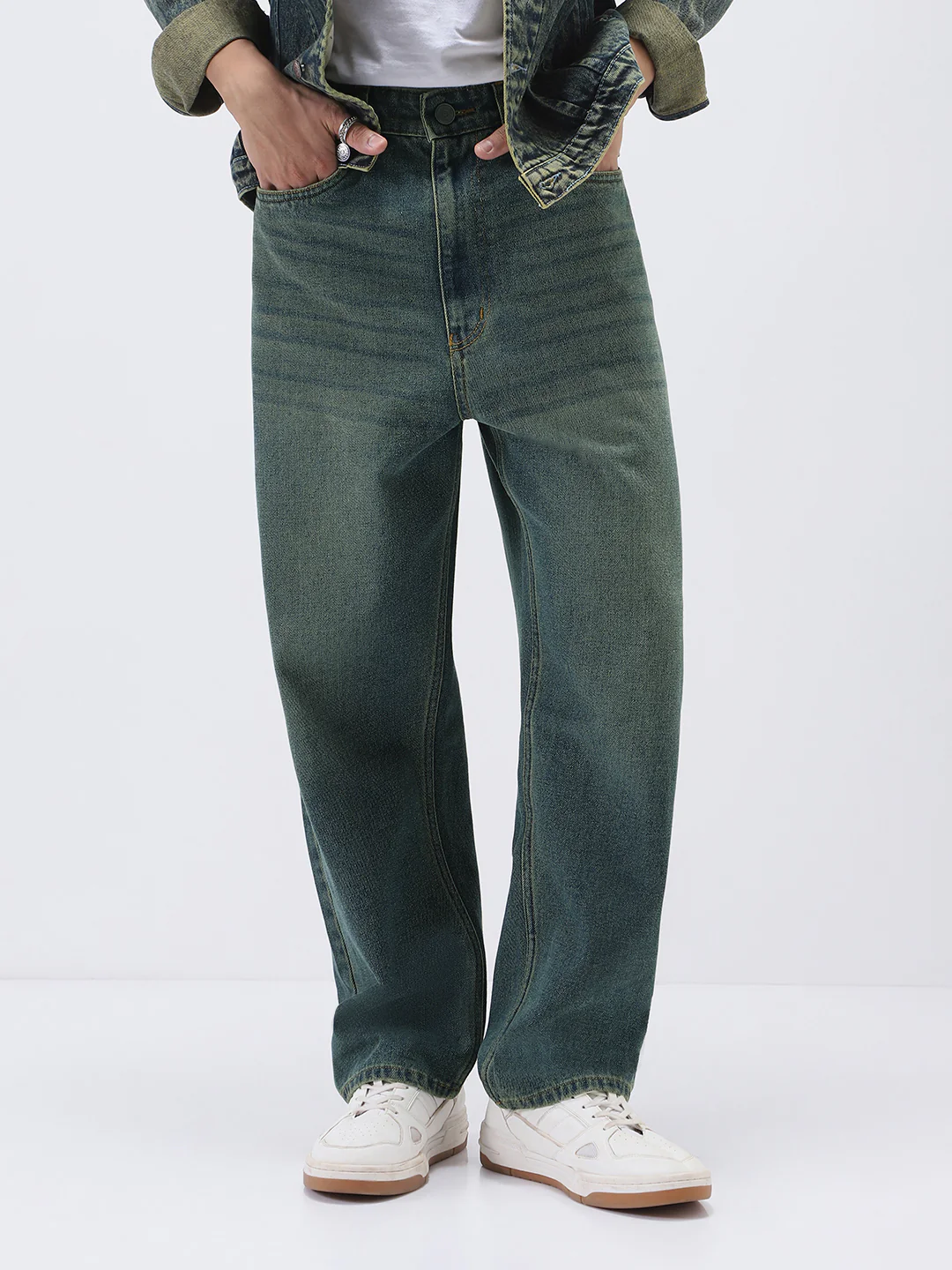 Men's Light Blue Loose Baggy Fit Heavy Washed Jeans Non-Stretchable - Image 2