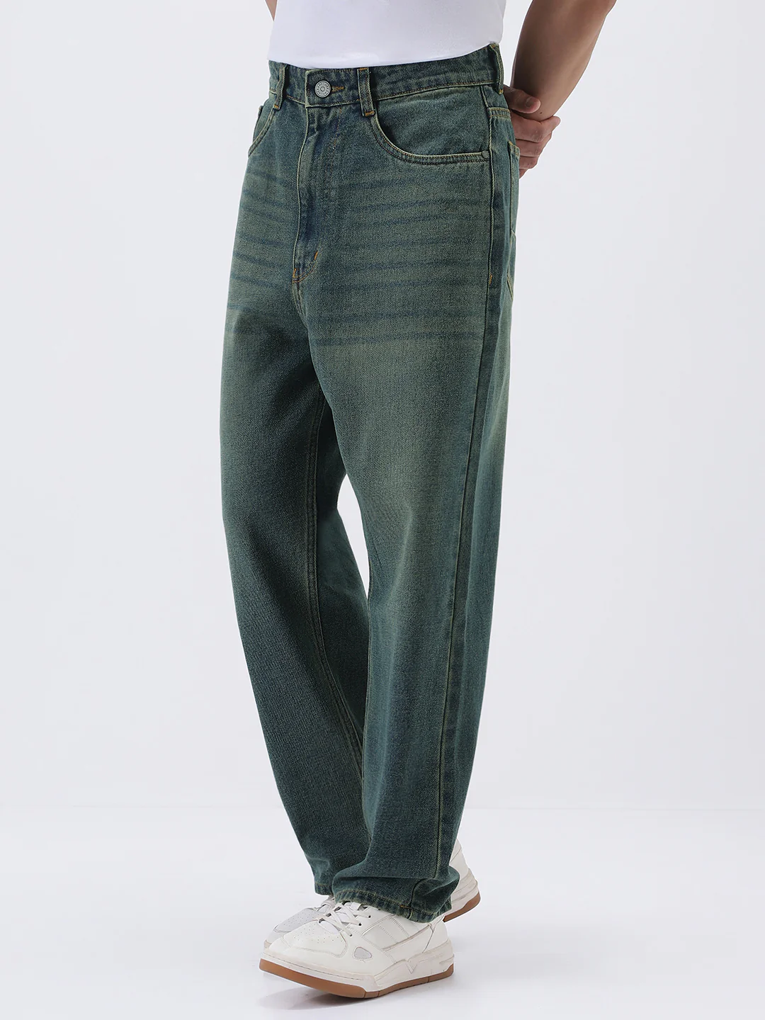 Men's Light Blue Loose Baggy Fit Heavy Washed Jeans Non-Stretchable - Image 3