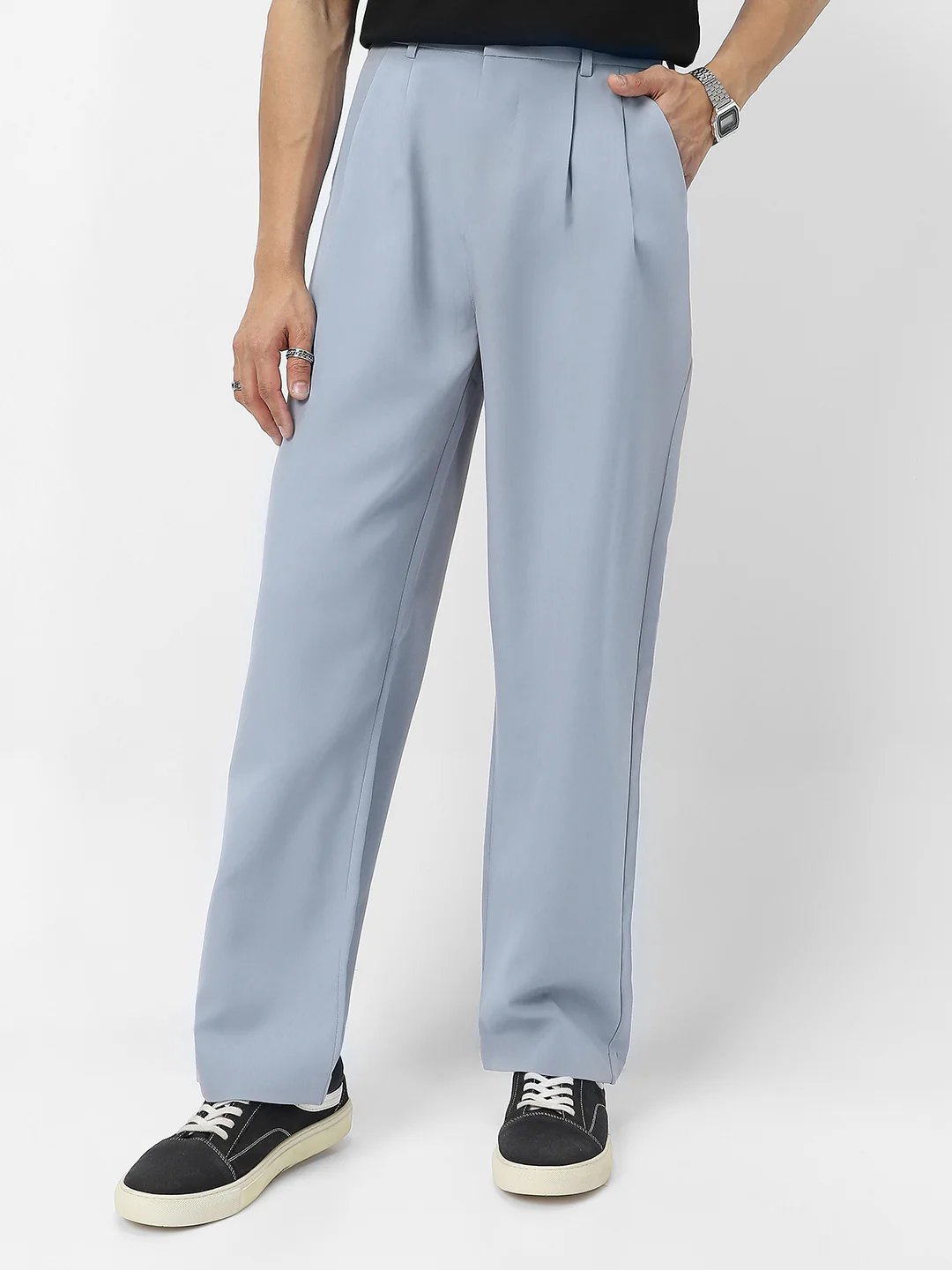 Men's Light Blue Loose Baggy Fit Solid Korean Pants Stretchable - Image 2