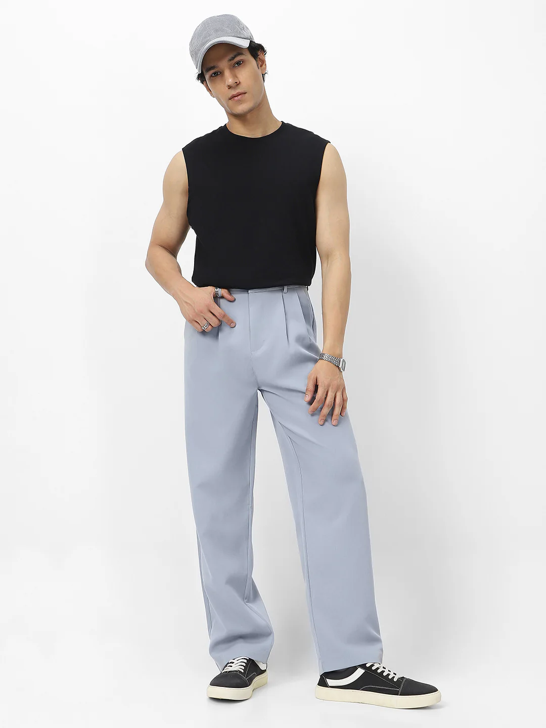 Men's Light Blue Loose Baggy Fit Solid Korean Pants Stretchable - Image 5