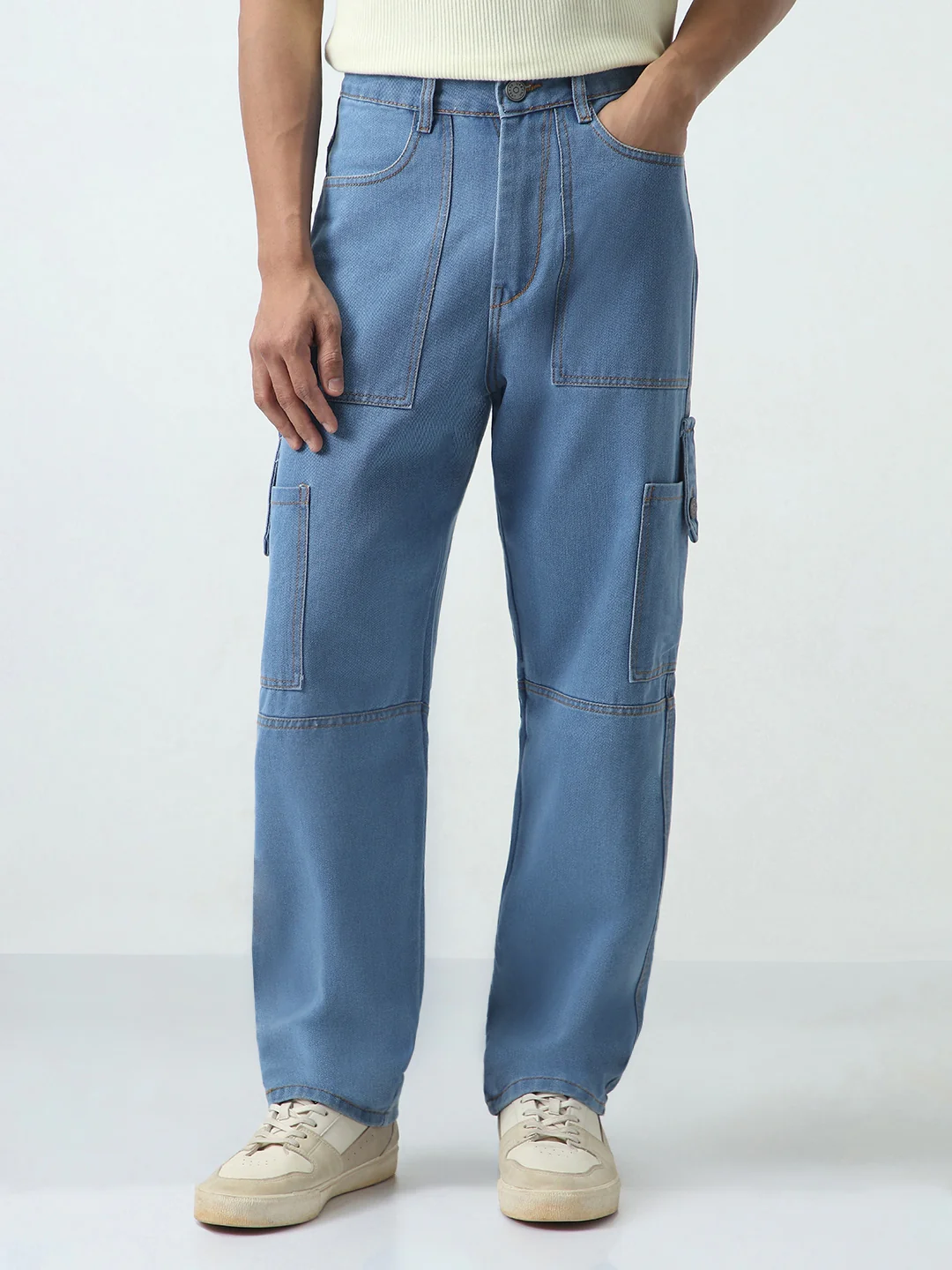 Men's Light Blue Loose Baggy Fit Washed Cargo Jeans with 6 Pockets Non-Stretchable - Image 2