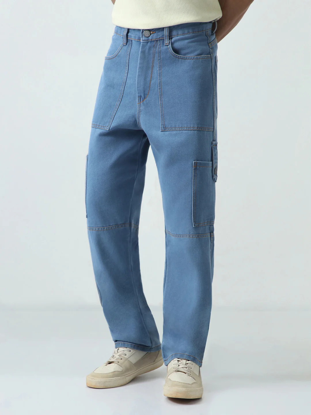 Men's Light Blue Loose Baggy Fit Washed Cargo Jeans with 6 Pockets Non-Stretchable - Image 3