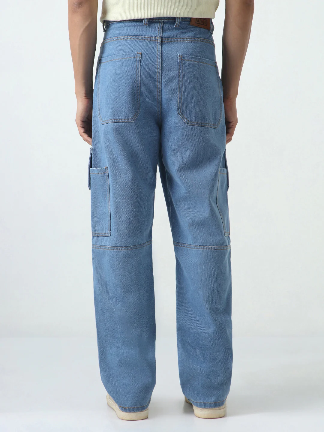 Men's Light Blue Loose Baggy Fit Washed Cargo Jeans with 6 Pockets Non-Stretchable - Image 4