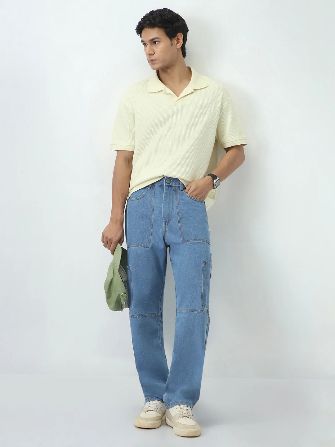 Men's Light Blue Loose Baggy Fit Washed Cargo Jeans with 6 Pockets Non-Stretchable - Image 5