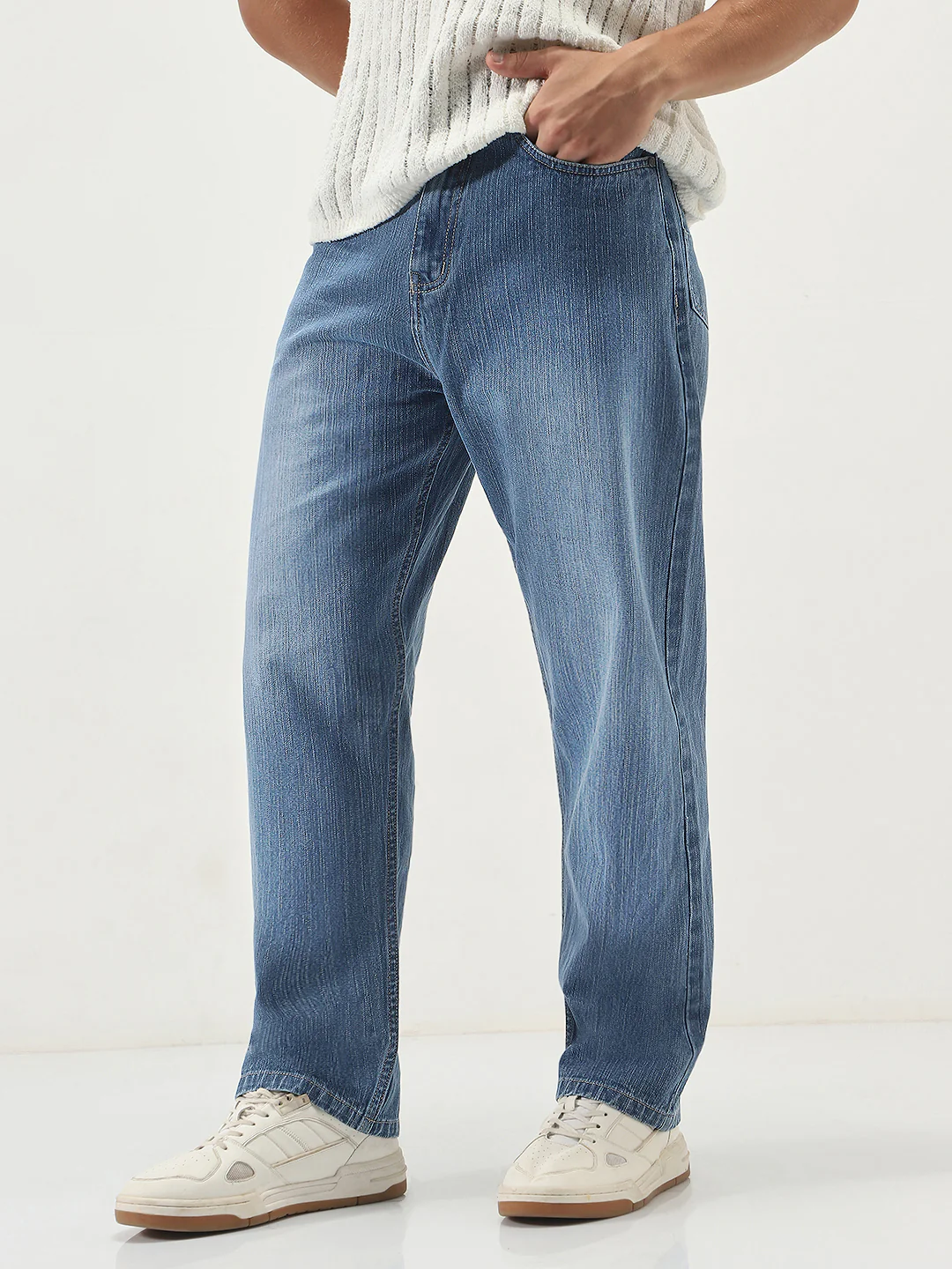 Men's Light Blue Loose Baggy Fit Washed Denim Jeans Non-Stretchable - Image 2