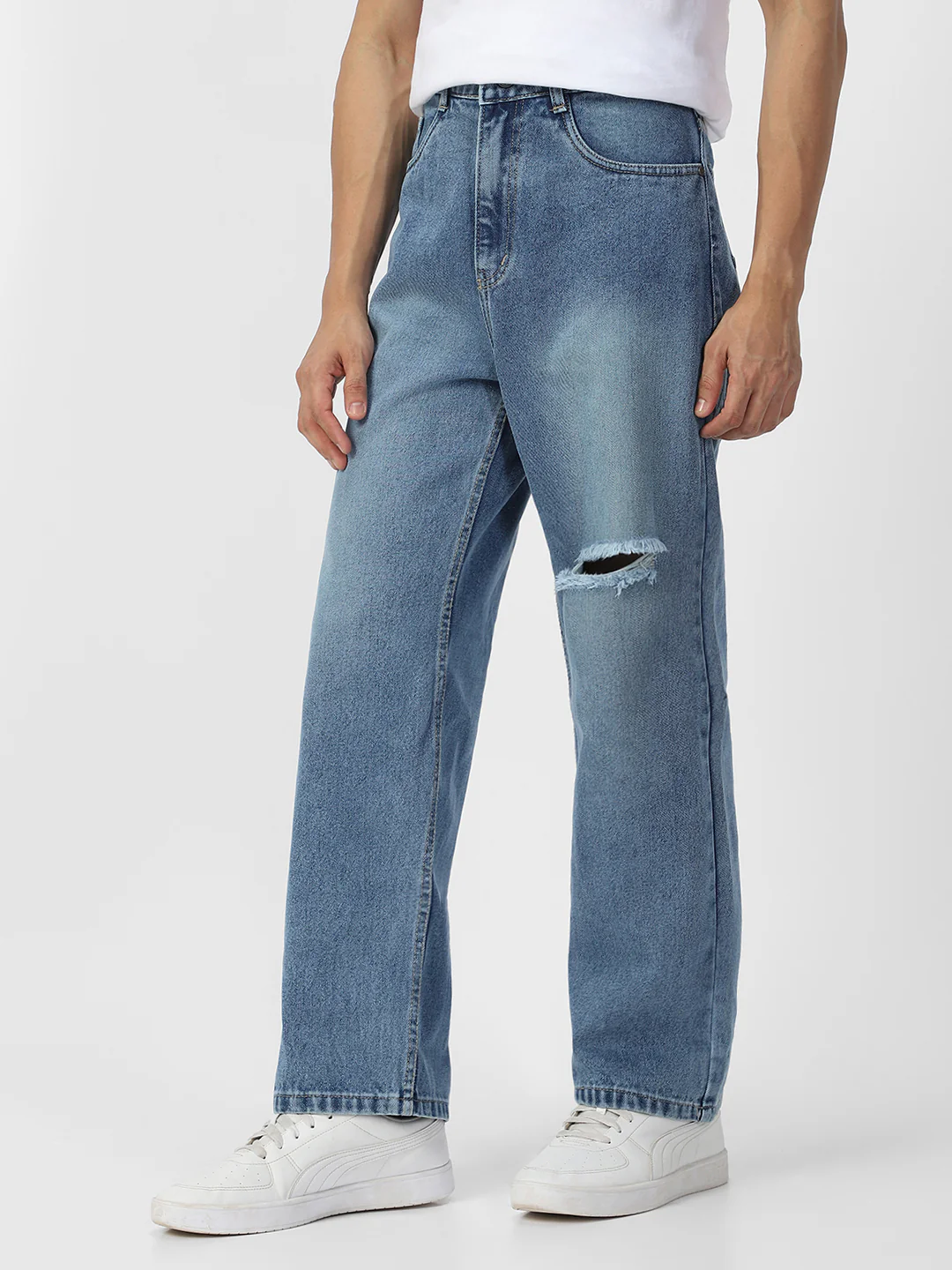 Men's Light Blue Loose Baggy Fit Washed Distressed/Torn Jeans Non-Stretchable - Image 2