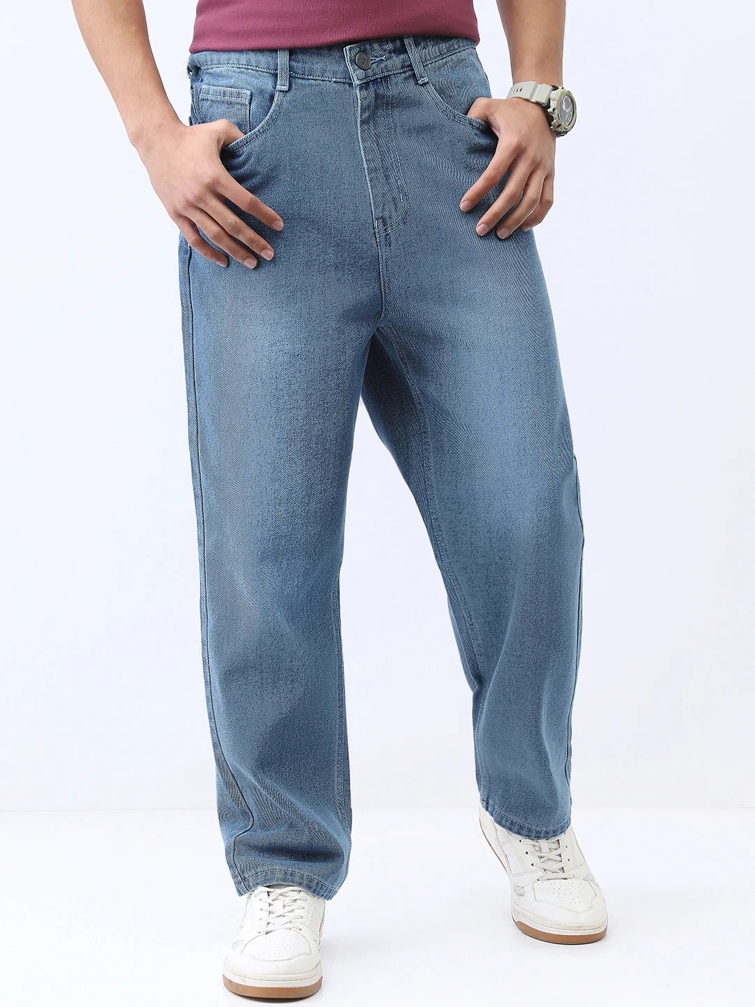 Men's Light Blue Loose Baggy Fit Washed Jeans Non-Stretchable - Image 2