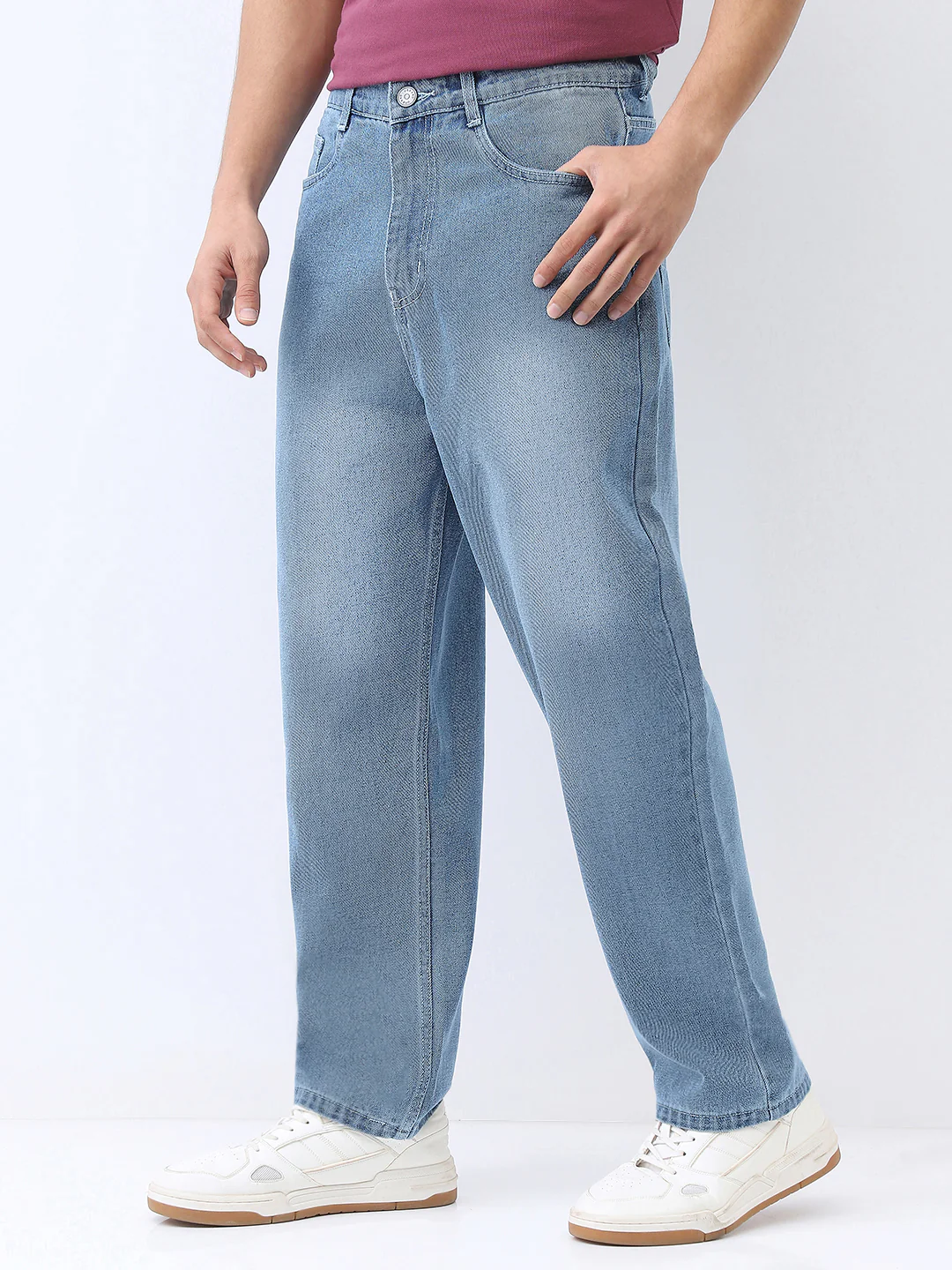 Men's Light Blue Loose Baggy Fit Washed Jeans Non-Stretchable - Image 3