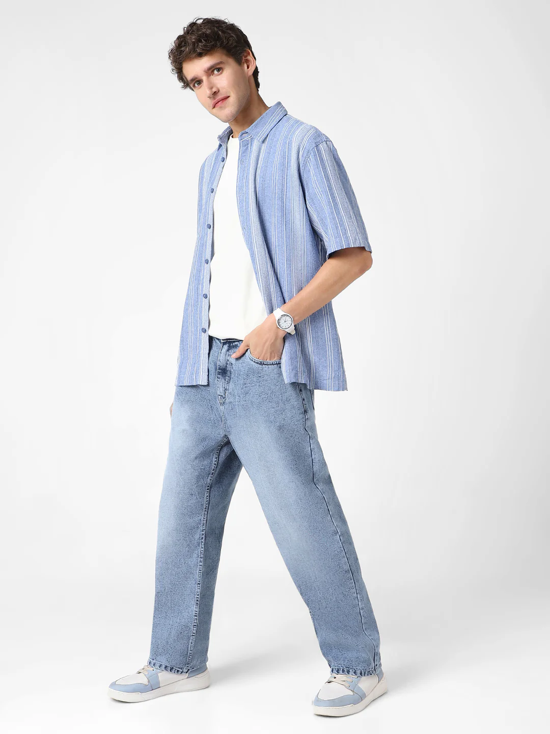 Men's Light Blue Loose Baggy Fit Washed Jeans Non-Stretchable - Image 4