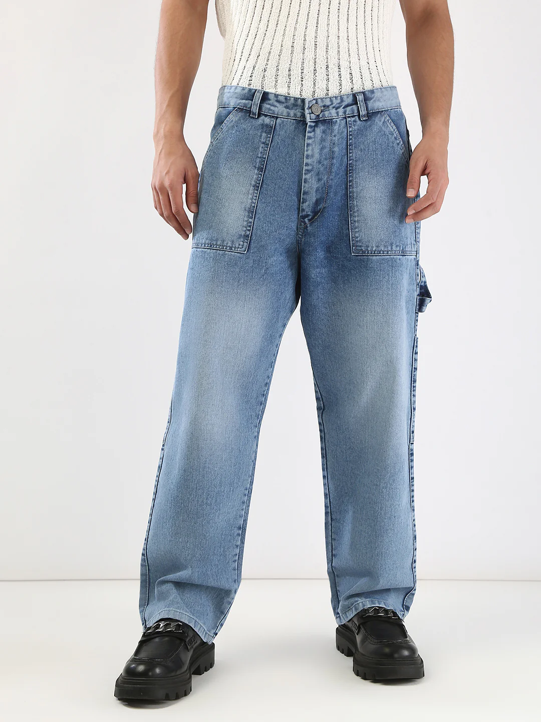 Men's Light Blue Loose Fit Cargo Carpenter Jeans With 6 Pockets Non-Stretchable