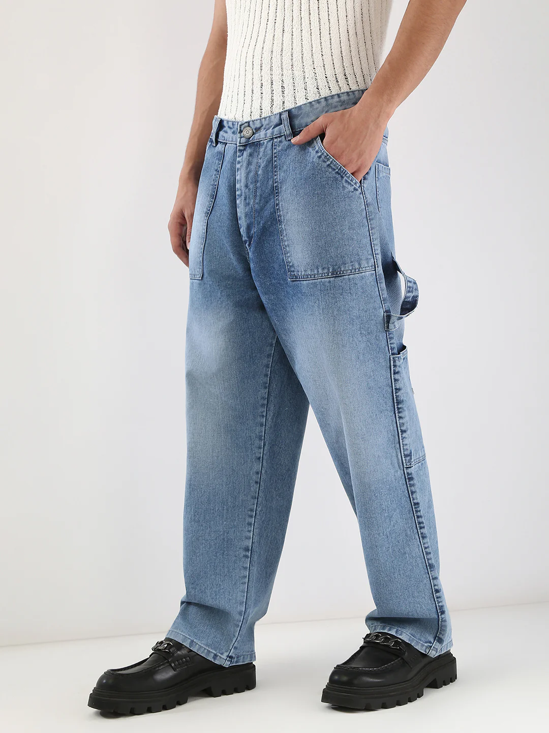 Men's Light Blue Loose Fit Cargo Carpenter Jeans With 6 Pockets Non-Stretchable - Image 2