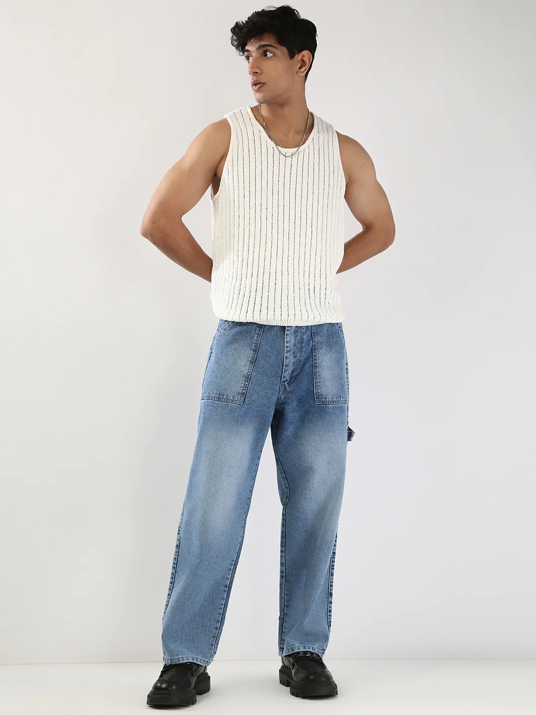 Men's Light Blue Loose Fit Cargo Carpenter Jeans With 6 Pockets Non-Stretchable - Image 4