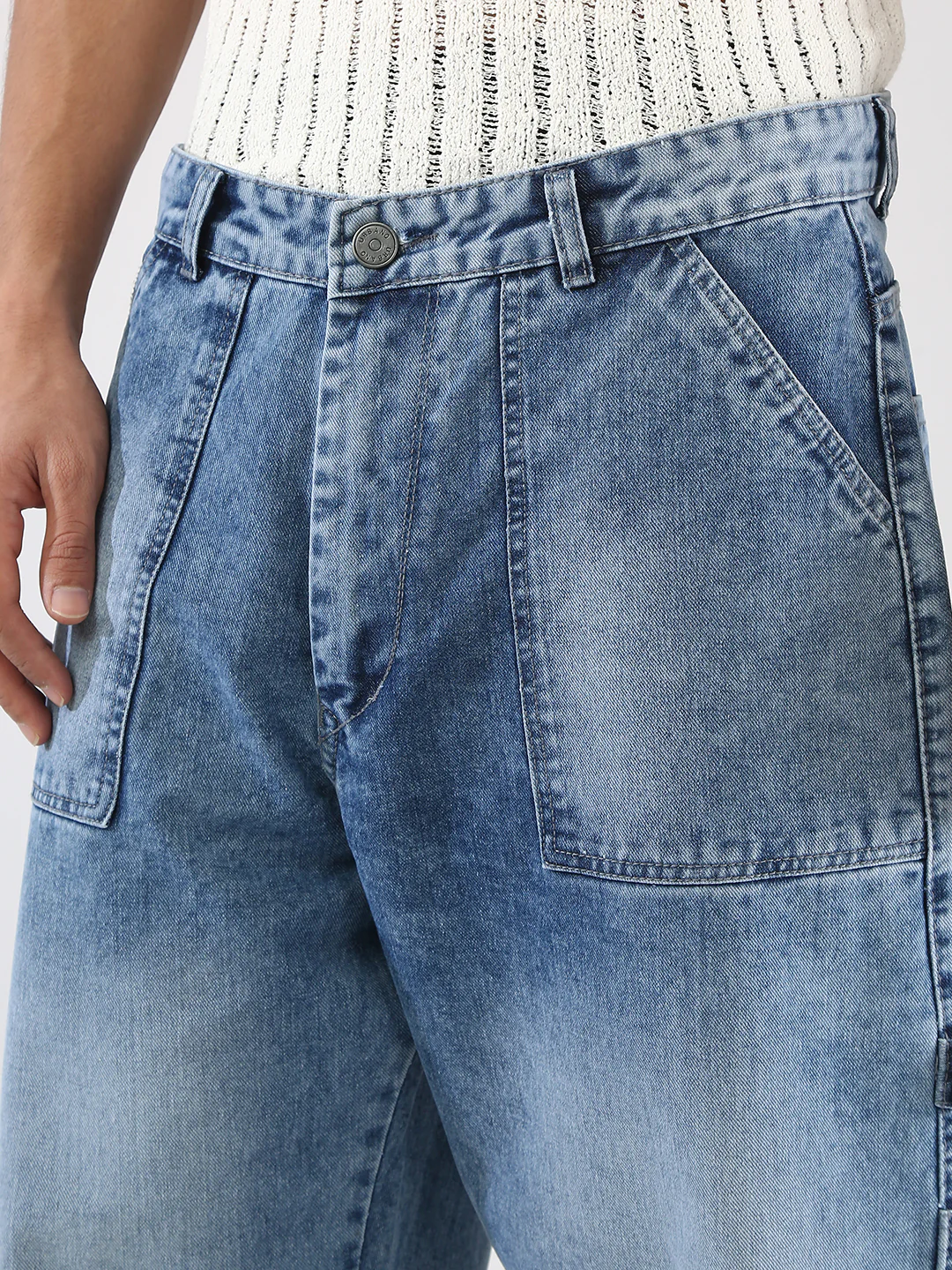 Men's Light Blue Loose Fit Cargo Carpenter Jeans With 6 Pockets Non-Stretchable - Image 5