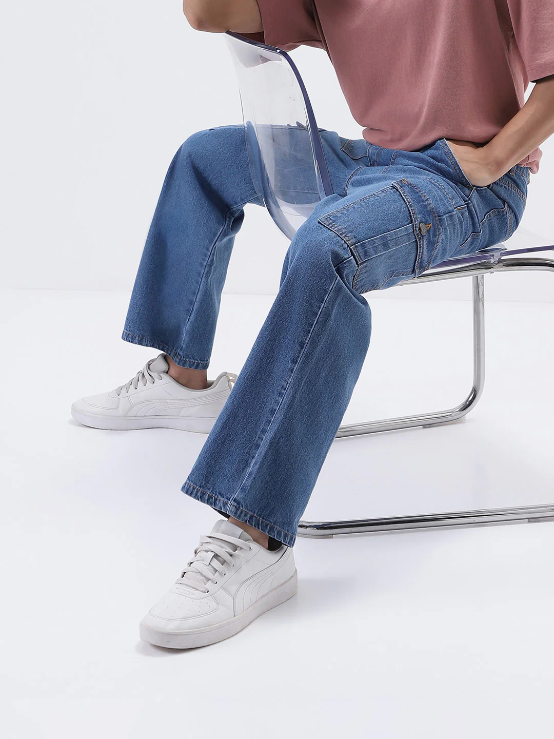 Men's Light Blue Loose Fit Cargo Jeans with 6 Pockets Non-Stretchable - Image 2