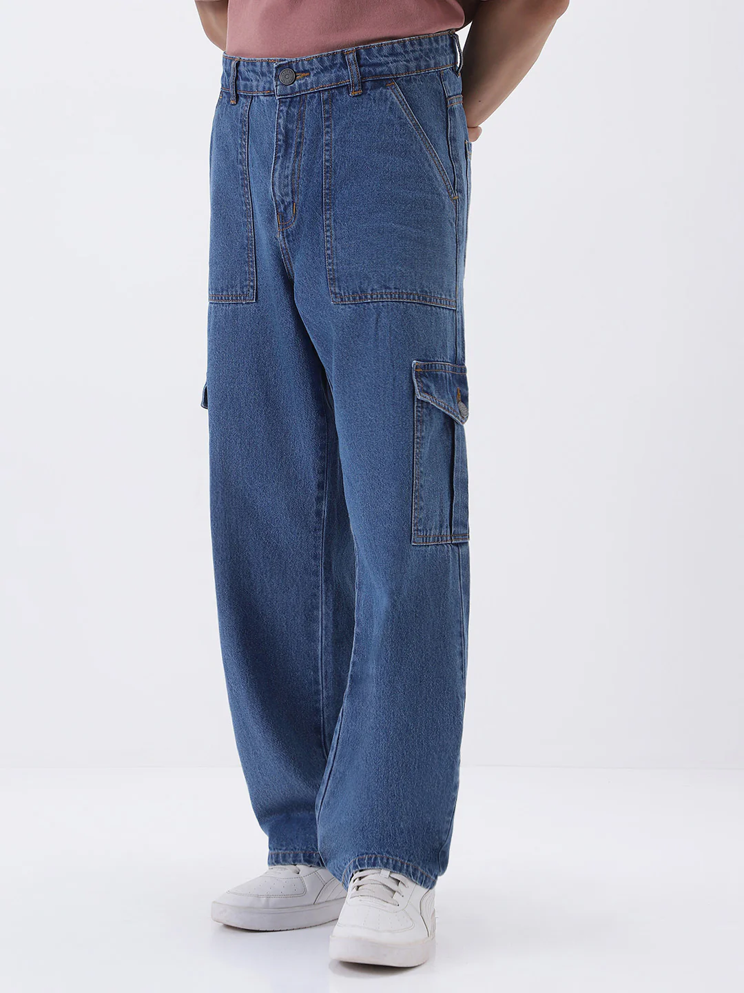 Men's Light Blue Loose Fit Cargo Jeans with 6 Pockets Non-Stretchable - Image 3