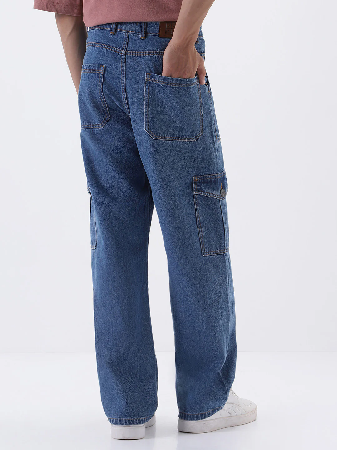 Men's Light Blue Loose Fit Cargo Jeans with 6 Pockets Non-Stretchable - Image 4
