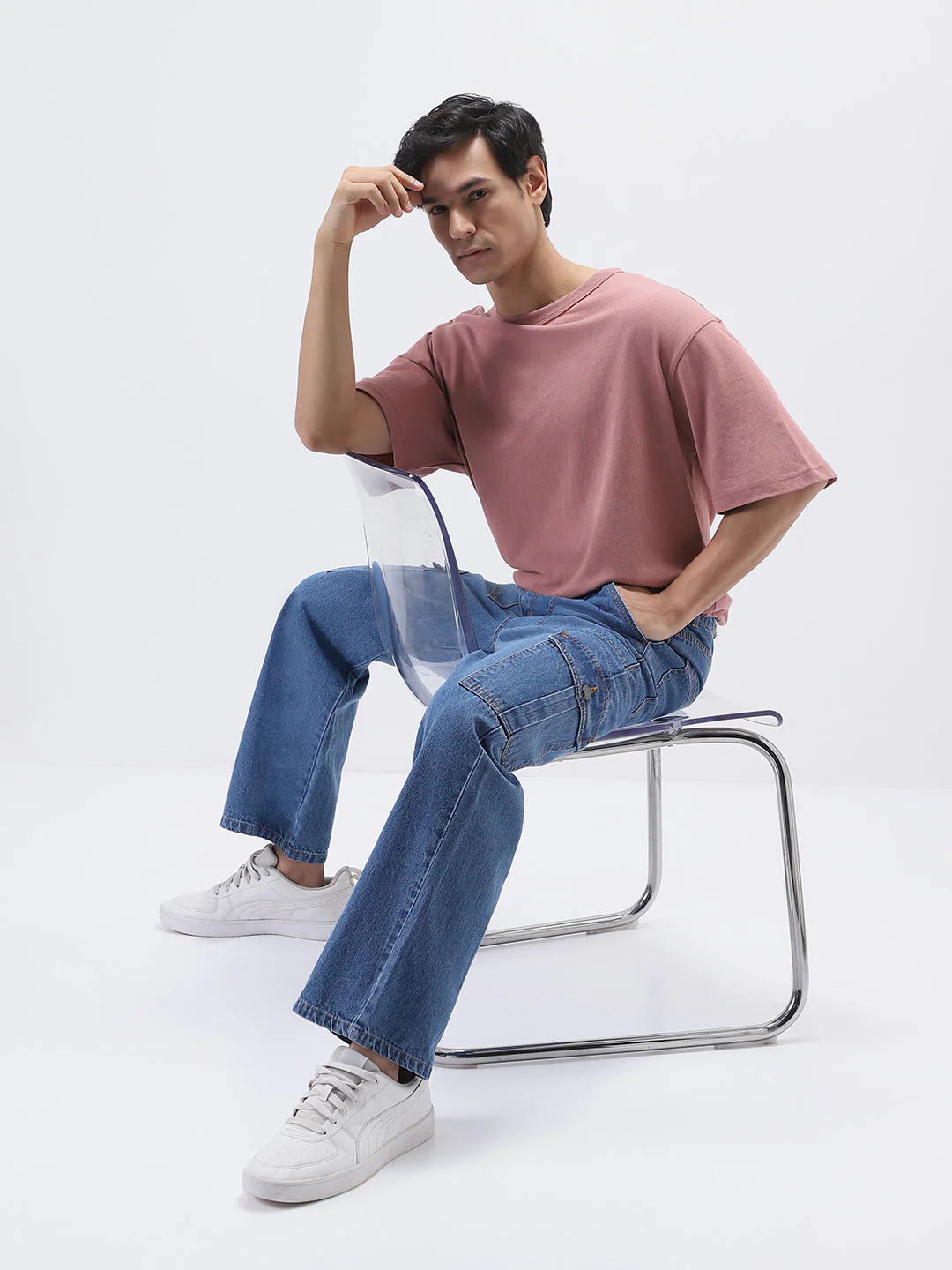 Men's Light Blue Loose Fit Cargo Jeans with 6 Pockets Non-Stretchable - Image 5