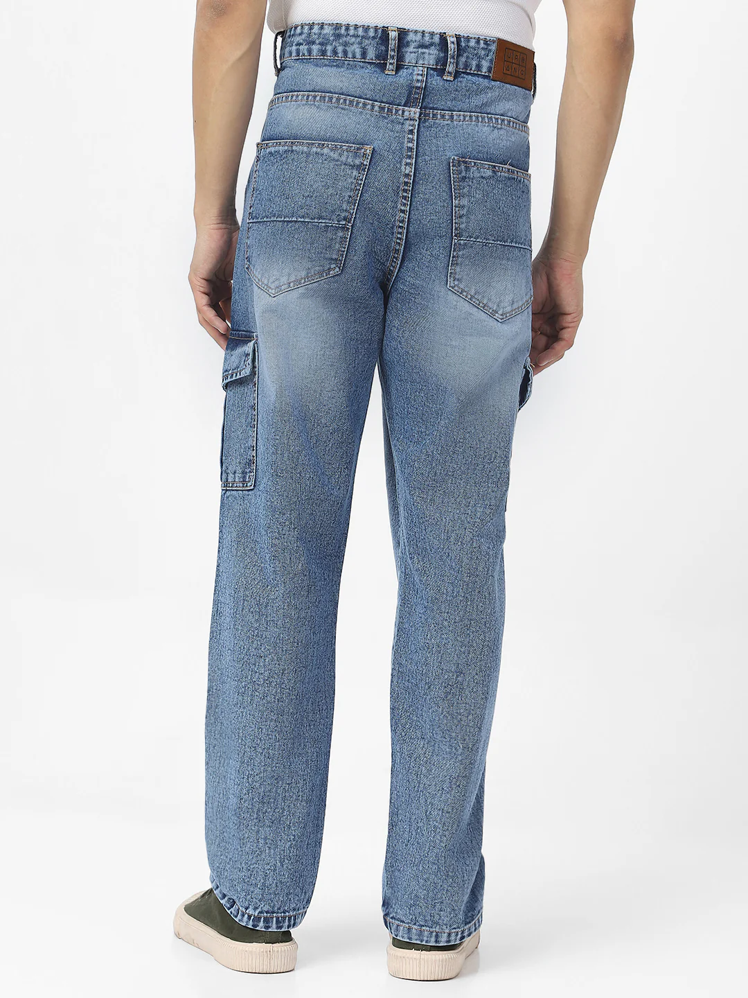 Men's Light Blue Loose Baggy Fit Washed Cargo Jeans with 6 Pockets Non-Stretchable - Image 3