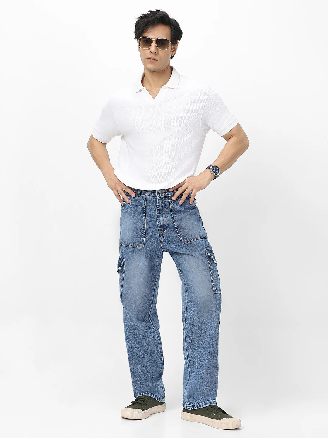 Men's Light Blue Loose Baggy Fit Washed Cargo Jeans with 6 Pockets Non-Stretchable - Image 4
