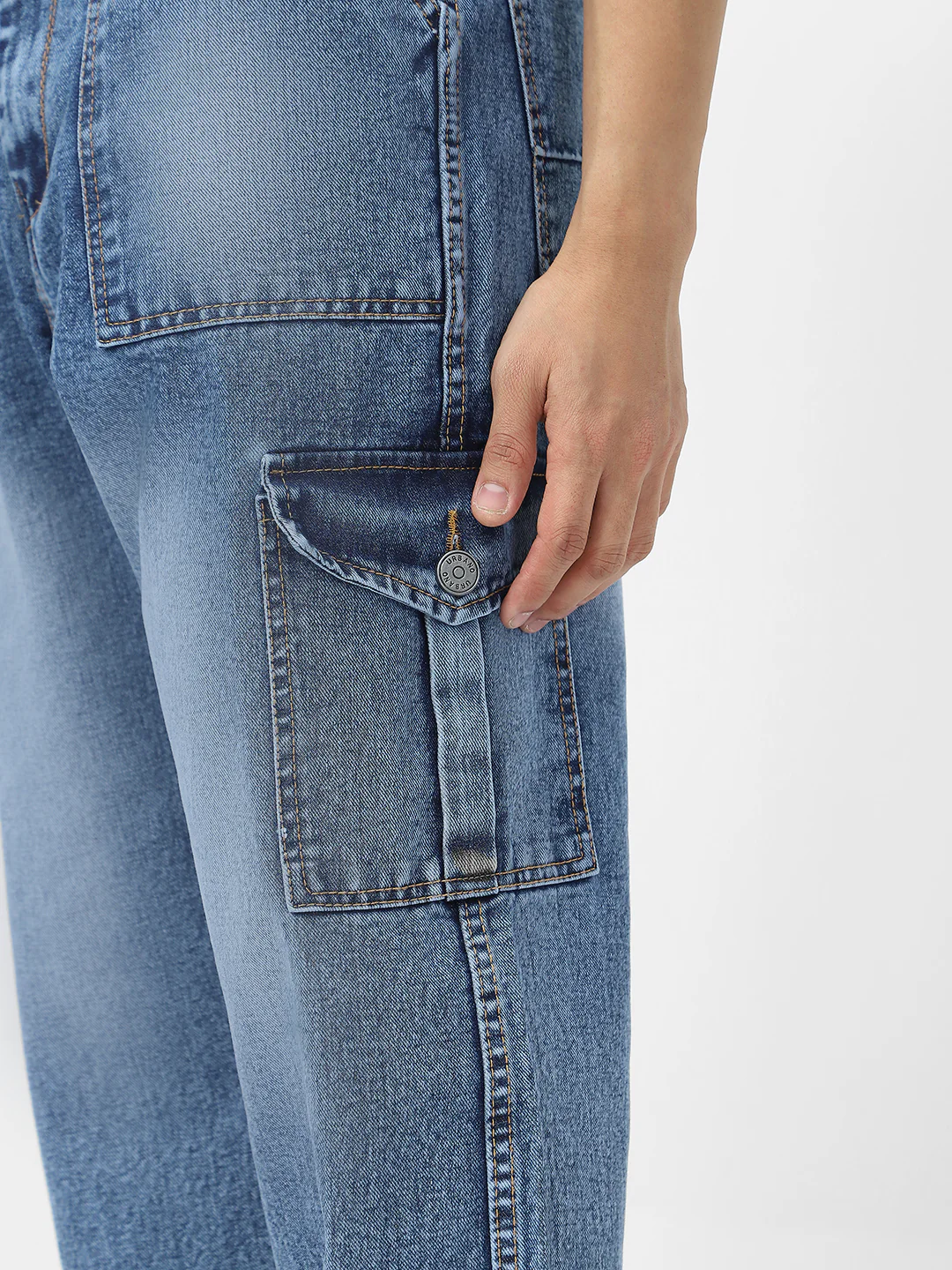 Men's Light Blue Loose Baggy Fit Washed Cargo Jeans with 6 Pockets Non-Stretchable - Image 5