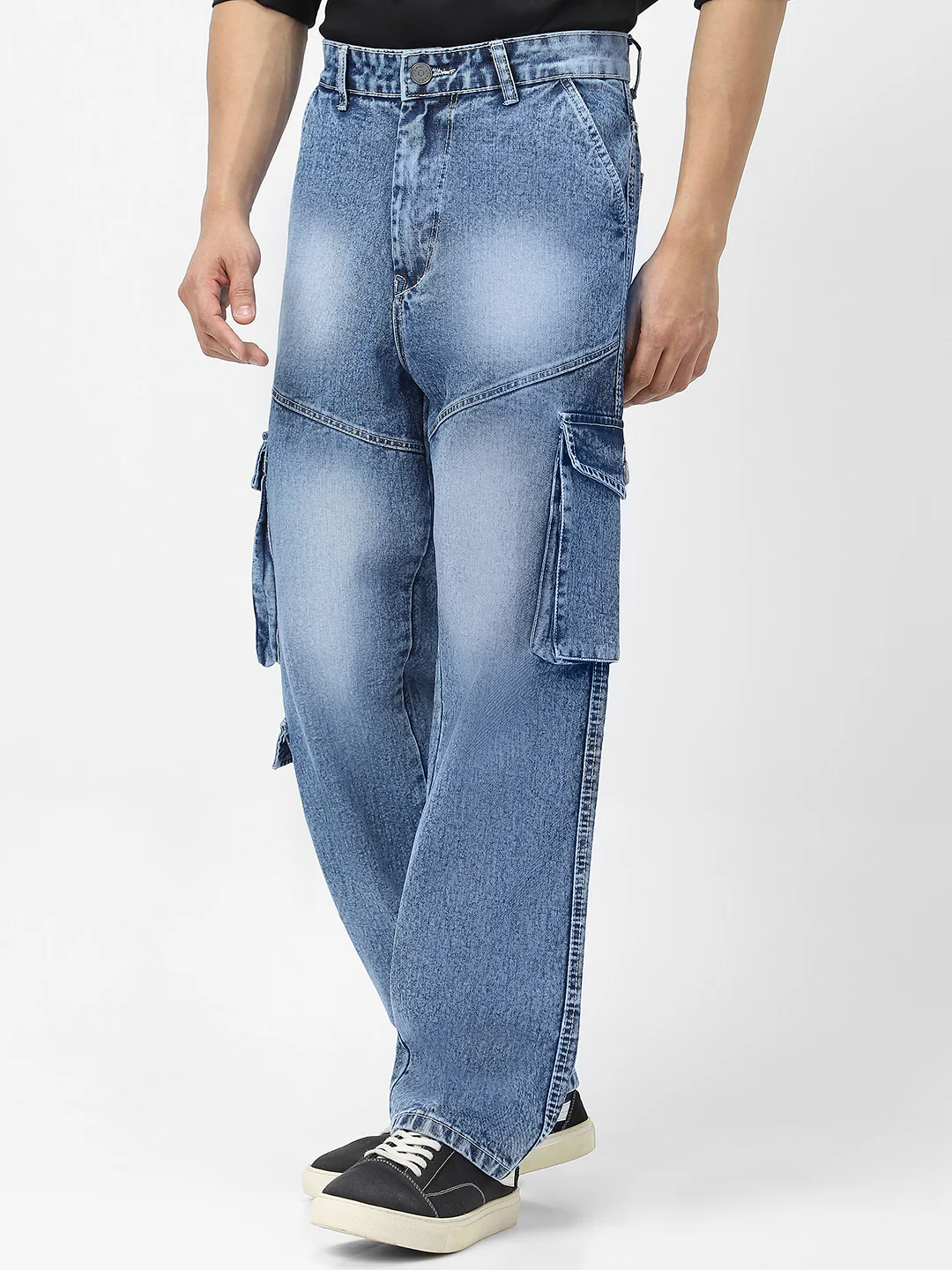 Men's Light Blue Loose Baggy Fit Washed Cargo Jeans with 7 Pockets Non-Stretchable - Image 3